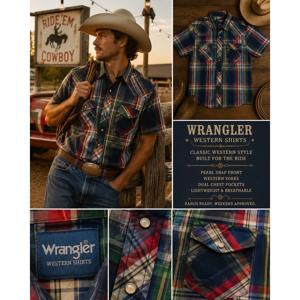 Wrangler Western Shirt Mens Plaid Short Sleeve Pearl Snap Cowboy Navy Green Red